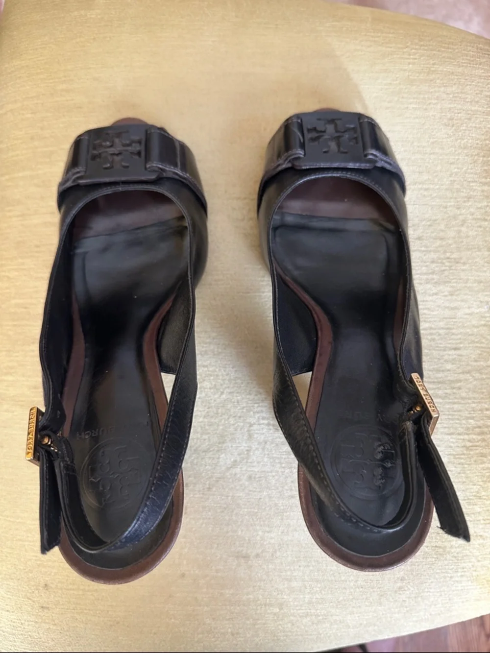 Tory Burch Black Leather Slingback Peep-Toe Heels with Buckle Detail Size 8.5